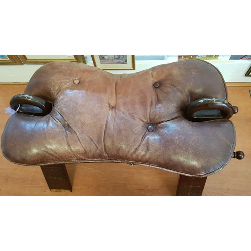 217 - Middle Eastern Wood & Leather Camel Stool / Saddle Stool with Inlaid Brass Decoration