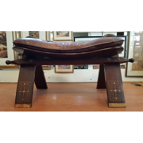 217 - Middle Eastern Wood & Leather Camel Stool / Saddle Stool with Inlaid Brass Decoration