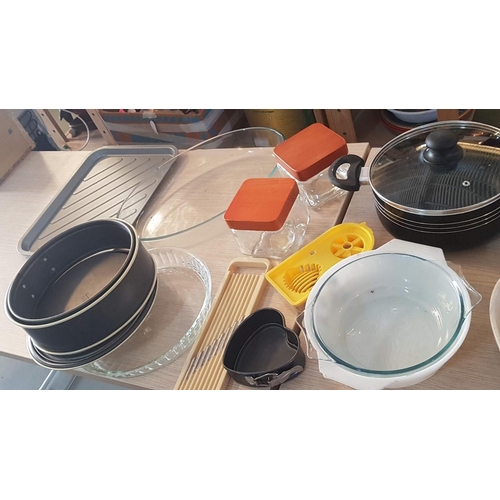 245 - Large Box of Assorted Kitchen Items; BBQ Wok, Bowls, Pyrex, Lidded Saucepans, Glass Containers, etc