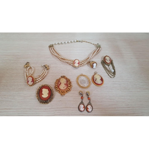 259 - Collection of Retro 'Cameo' Costume Jewellery, (Brooches, Pendants, Necklace, Earrings, Ring, etc), ... 