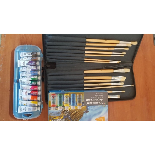 3 - Large Collection of Art Accessories; Acrylic Paint Sets, Tempera Paint Set, Set of Brushes in Case, ... 