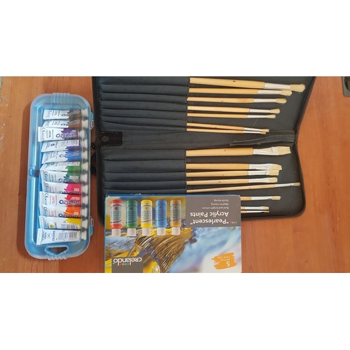 3 - Large Collection of Art Accessories; Acrylic Paint Sets, Tempera Paint Set, Set of Brushes in Case, ... 