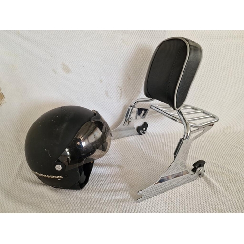 143 - Harley Davidson Chromed Motorcycle Backrest and Luggage Rack, Together with Harley Davidson Helmet, ... 