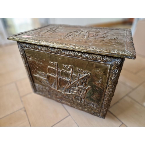 146 - Antique Brass Clad Wooden Log / Kindling Box with Embossed Ship Pattern, on Casters / Wheels, (Appro... 