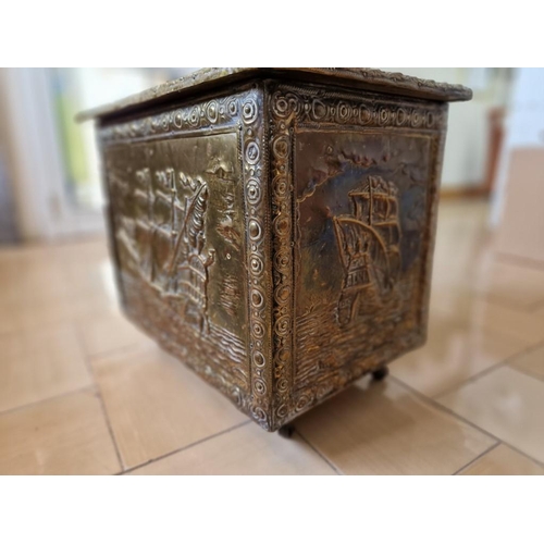 146 - Antique Brass Clad Wooden Log / Kindling Box with Embossed Ship Pattern, on Casters / Wheels, (Appro... 