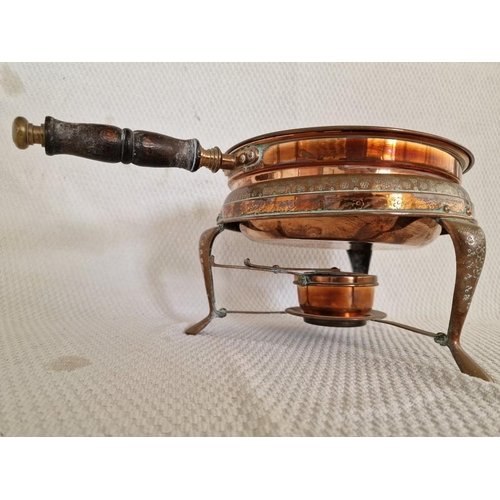 147 - Vintage Copper Warming Pan with Decorative Lid and Stand, Turned Wooden Handle and Burner Below, Sta... 