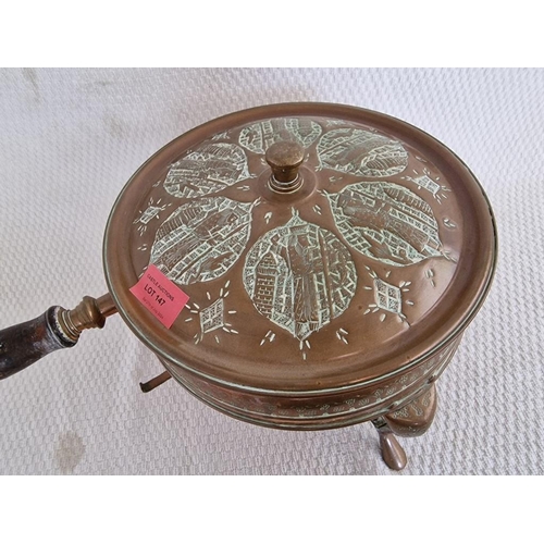 147 - Vintage Copper Warming Pan with Decorative Lid and Stand, Turned Wooden Handle and Burner Below, Sta... 