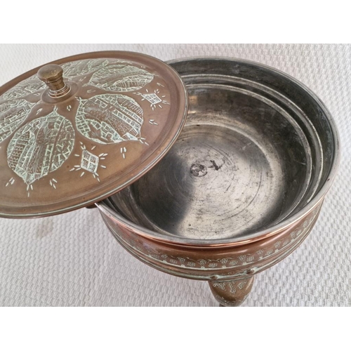 147 - Vintage Copper Warming Pan with Decorative Lid and Stand, Turned Wooden Handle and Burner Below, Sta... 