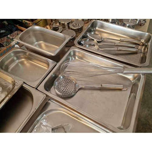 23 - Qty of Assorted Commercial Stainless Steel Containers (some lidded), Serving Spoons, Tea Pots and Wa... 