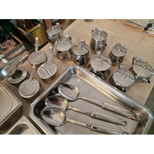 23 - Qty of Assorted Commercial Stainless Steel Containers (some lidded), Serving Spoons, Tea Pots and Wa... 