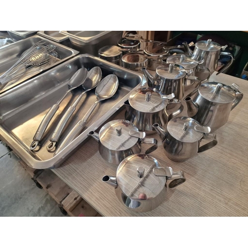 23 - Qty of Assorted Commercial Stainless Steel Containers (some lidded), Serving Spoons, Tea Pots and Wa... 