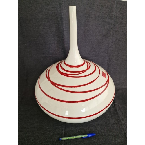 24 - Large Round White Colour Ceramic Vase with Red Line Pattern and Tall Thin Neck, (Approx. H: 46cm, Ø:... 