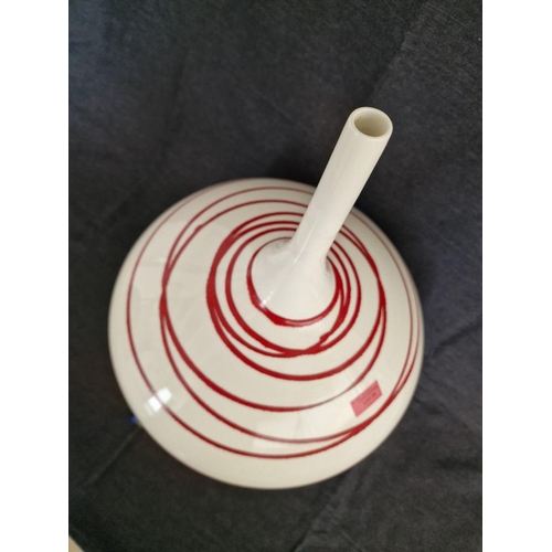 24 - Large Round White Colour Ceramic Vase with Red Line Pattern and Tall Thin Neck, (Approx. H: 46cm, Ø:... 