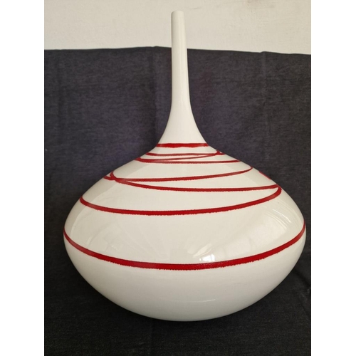 24 - Large Round White Colour Ceramic Vase with Red Line Pattern and Tall Thin Neck, (Approx. H: 46cm, Ø:... 