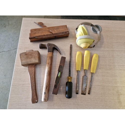 39 - Collection of Tools; Hammers, Chisels, Vintage Wooden Spirit Level, Vintage Wood Plane, Screwdriver ... 