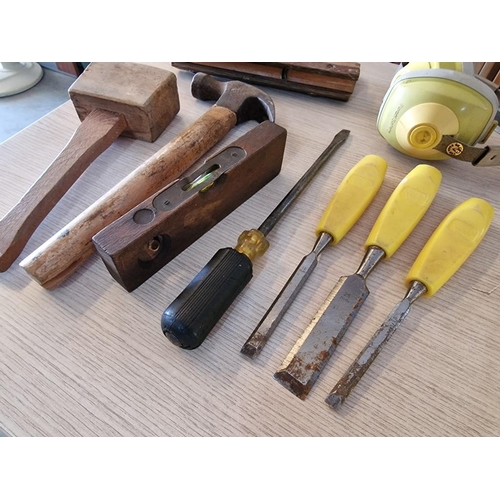 39 - Collection of Tools; Hammers, Chisels, Vintage Wooden Spirit Level, Vintage Wood Plane, Screwdriver ... 