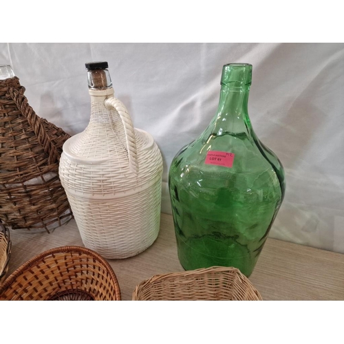 61 - 3 x Vintage Glass Demi-Johns, One Green, One Wicker Clad and the Other White Plastic Clad, Together ... 