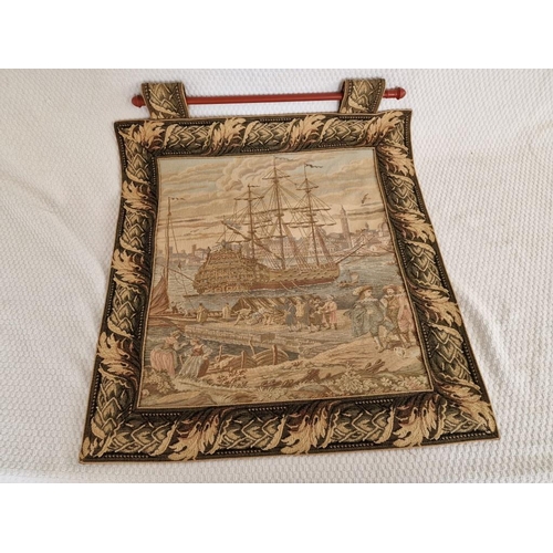 66 - Decorative Embroidery on Ship in Port with Wooden Hanging Rail, (Approx. 51 x 54cm)