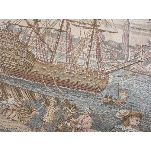 66 - Decorative Embroidery on Ship in Port with Wooden Hanging Rail, (Approx. 51 x 54cm)