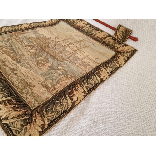 66 - Decorative Embroidery on Ship in Port with Wooden Hanging Rail, (Approx. 51 x 54cm)