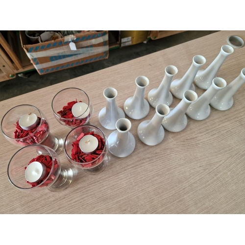 67 - Collection of Home / Table Decoration Items; 10 x White Ceramic Vases and 4 x Glass Candle Holders, ... 