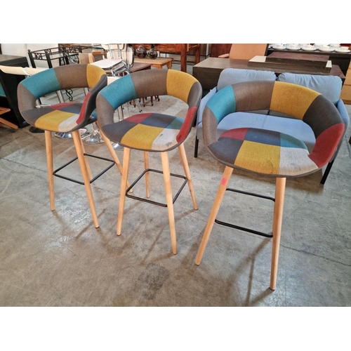 152 - Set of 3 x Scandinavian Style Bar Stools with Multi-Colour / Patchwork Seat & Back Rests, Over Light... 