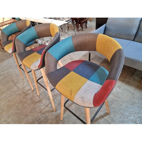 152 - Set of 3 x Scandinavian Style Bar Stools with Multi-Colour / Patchwork Seat & Back Rests, Over Light... 