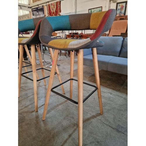 152 - Set of 3 x Scandinavian Style Bar Stools with Multi-Colour / Patchwork Seat & Back Rests, Over Light... 