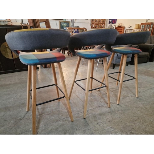 152 - Set of 3 x Scandinavian Style Bar Stools with Multi-Colour / Patchwork Seat & Back Rests, Over Light... 