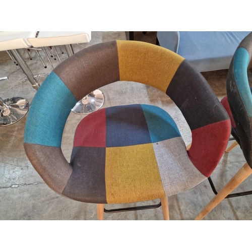 152 - Set of 3 x Scandinavian Style Bar Stools with Multi-Colour / Patchwork Seat & Back Rests, Over Light... 