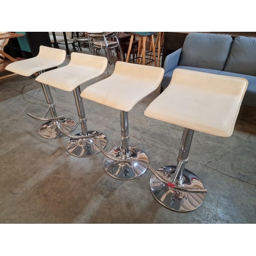 629 - Set of 4 x Modern Chrome Bar Stools with White Leatherette Seat, Adjustable Heights, with Chrome Foo... 