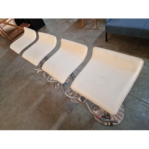 629 - Set of 4 x Modern Chrome Bar Stools with White Leatherette Seat, Adjustable Heights, with Chrome Foo... 