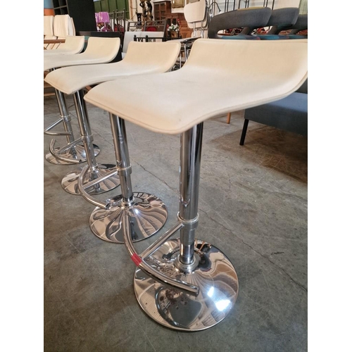 629 - Set of 4 x Modern Chrome Bar Stools with White Leatherette Seat, Adjustable Heights, with Chrome Foo... 