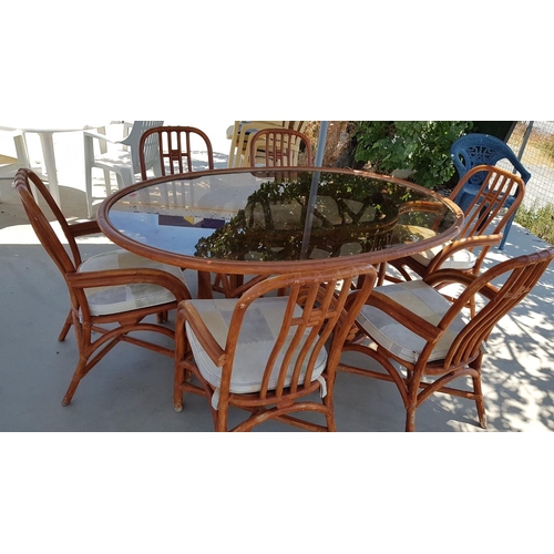 190 - Bamboo and Glass Top Garden / Patio Table and Chairs Set, (Approx. 175 x 115 x 75cm Overall) with 6 ... 