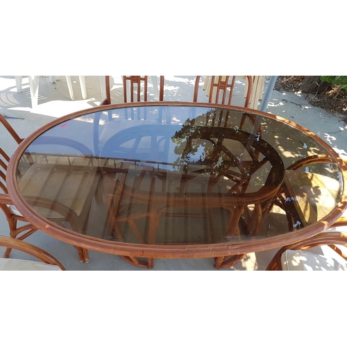 190 - Bamboo and Glass Top Garden / Patio Table and Chairs Set, (Approx. 175 x 115 x 75cm Overall) with 6 ... 