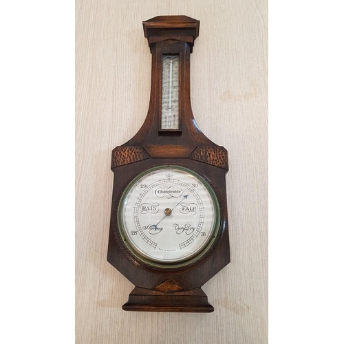 307 - Vintage English Solid Wood Barometer and Thermometer, (Approx. L: 62cm)