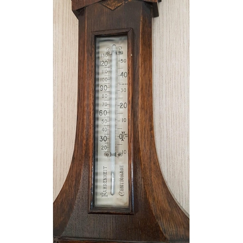 307 - Vintage English Solid Wood Barometer and Thermometer, (Approx. L: 62cm)