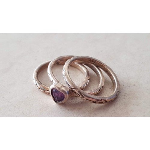 179 - 3-Piece Silver (.925) Stacking Rings; 2 x Band and Middle One with Purple Heart in Centre, (Approx. ... 