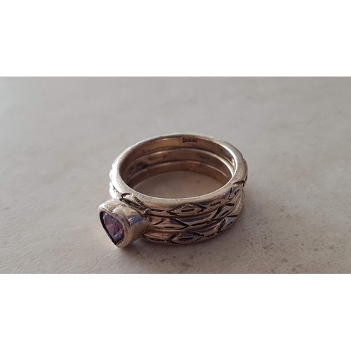 179 - 3-Piece Silver (.925) Stacking Rings; 2 x Band and Middle One with Purple Heart in Centre, (Approx. ... 