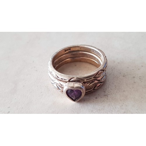 179 - 3-Piece Silver (.925) Stacking Rings; 2 x Band and Middle One with Purple Heart in Centre, (Approx. ... 