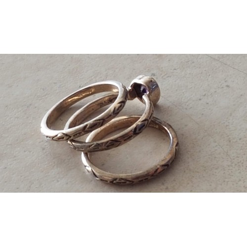 179 - 3-Piece Silver (.925) Stacking Rings; 2 x Band and Middle One with Purple Heart in Centre, (Approx. ... 