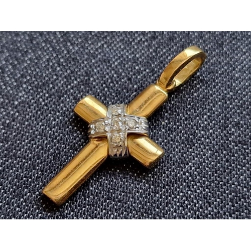 133 - 18ct Two Tone Gold Cross Pendant Set with 4 x Diamonds, (Approx. H: 22mm, 2.6g)