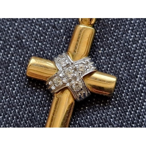 133 - 18ct Two Tone Gold Cross Pendant Set with 4 x Diamonds, (Approx. H: 22mm, 2.6g)