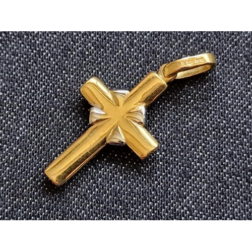 133 - 18ct Two Tone Gold Cross Pendant Set with 4 x Diamonds, (Approx. H: 22mm, 2.6g)