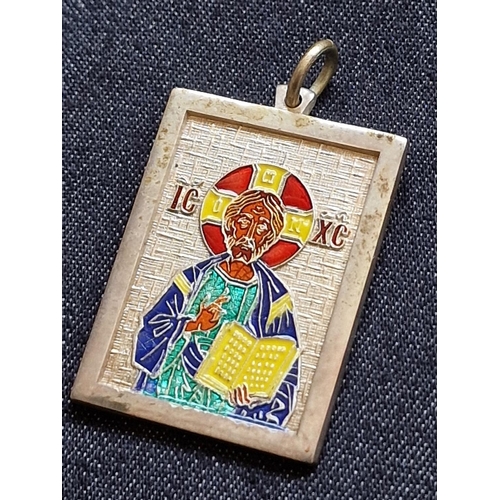 134 - Ornate Silver (.833) Pendant with Bright Multi-Colour Enamelled Icon / Saint, (Approx. 35 x 26mm, 12... 