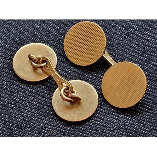 138A - Pair of Vintage 18ct Gold Cufflinks with Lined Round Face (Approx. Ø: 14mm, 11.3g)