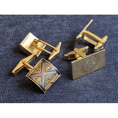 139A - 2 x Pairs of Gold Plated Cufflinks; One 'Commodore' Rectangular with Pattern, and One Bow Fronted / ... 