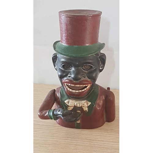 156 - Vintage Cast Iron Mechanical Coin Bank / Money Box, Resembles Caricature of a Black Person: Back Lev... 