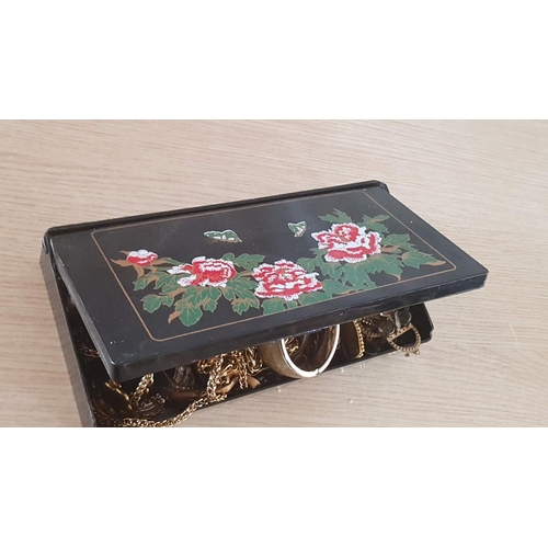 68 - Black Colour Jewellery Box with Floral Decoration and Opening 3-Part Mirrored Lid, Complete with Lar... 