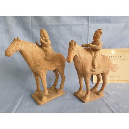 200A - Pair of Antique Chinese Pottery Horse Figures with Male & Female Riders, Together with Certificate o... 